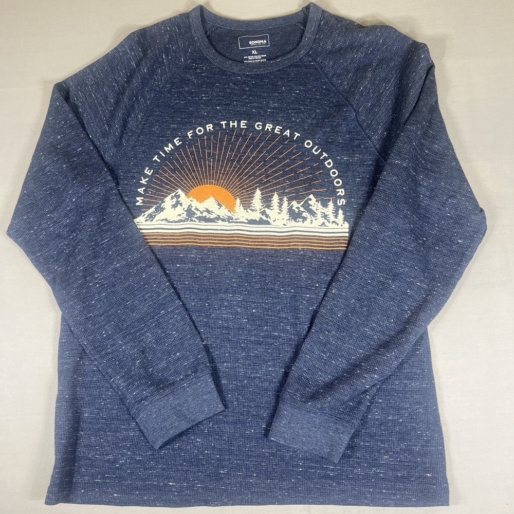 Sonoma XL Thermal Shirt Mens Blue Waffle Knit Graphic Great Outdoors Long Sleeve